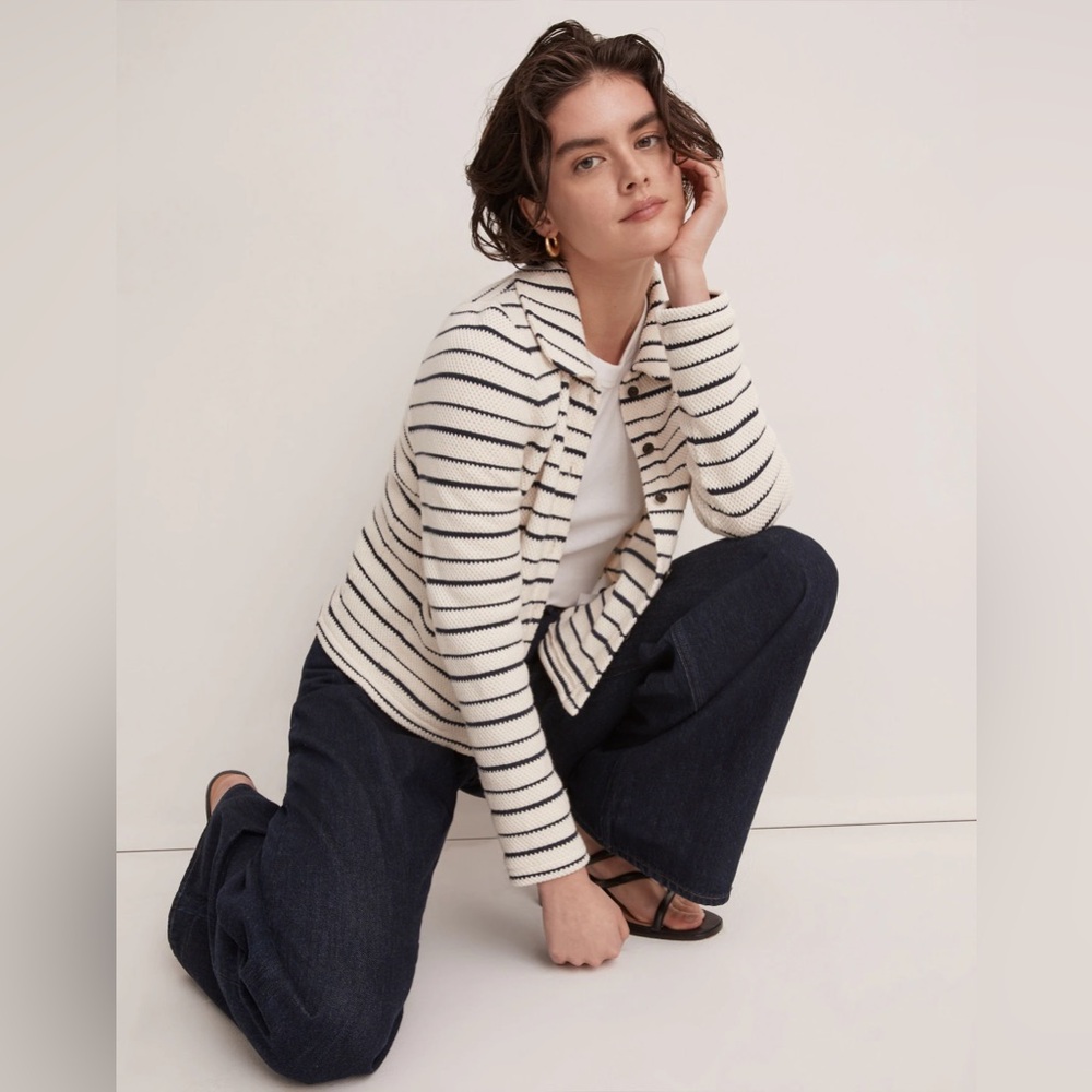 MADEWELL Cream Navy Striped Collared Button Cardigan